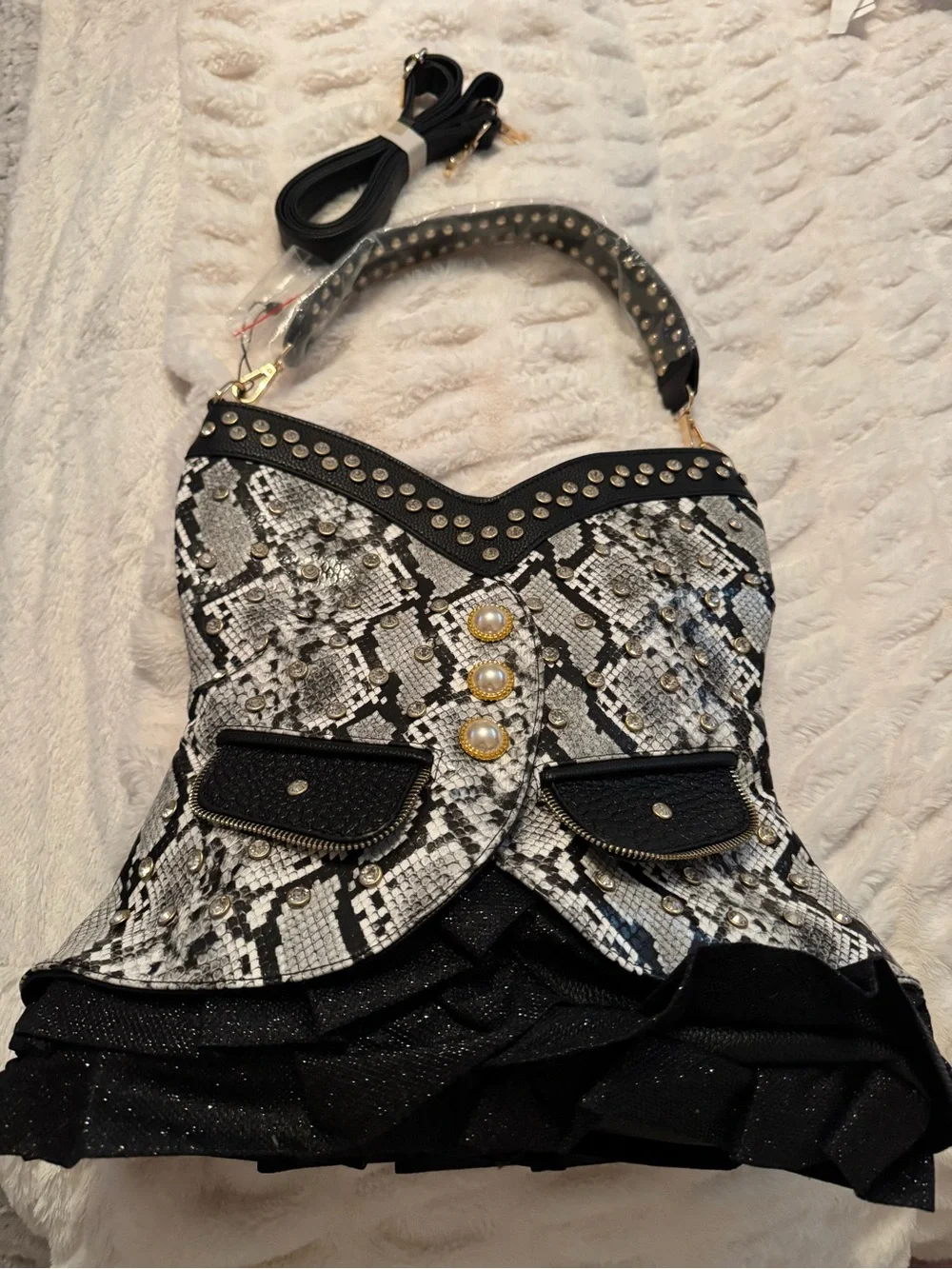 Studded Black & White Snake-Print Women’s Shoulder Bag NWT